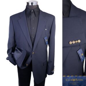 Club Room Blazer 44R Navy Gold Button 100% Wool Two Button Macy's Easy Traveler